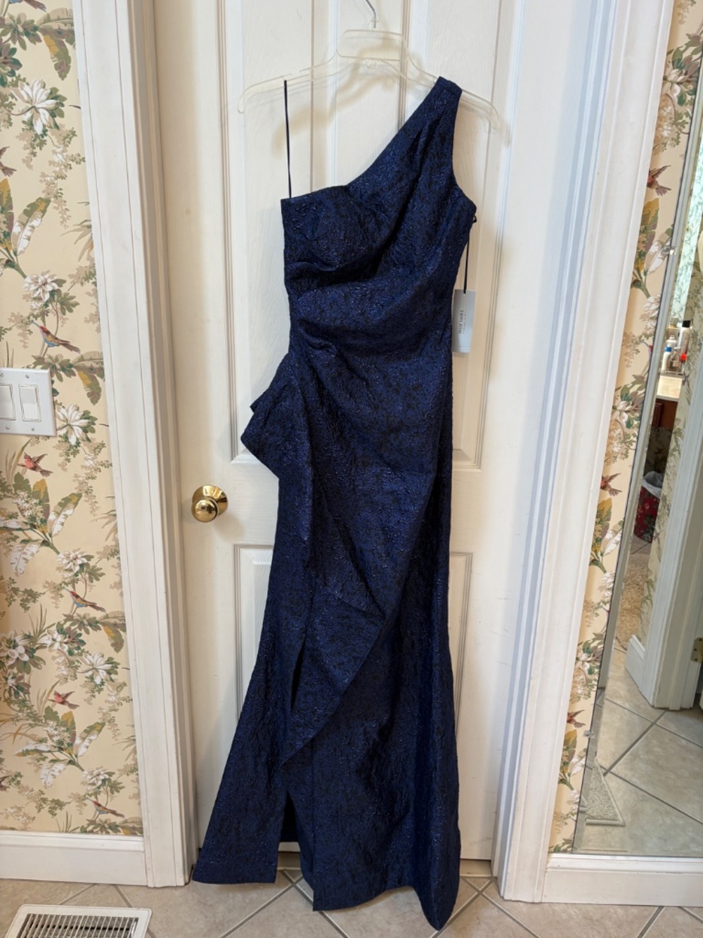 Teri Jon by Rickie Freeman Metallic One Shoulder Jacquard Gown Size 2 Black Blue - Picture 7 of 10
